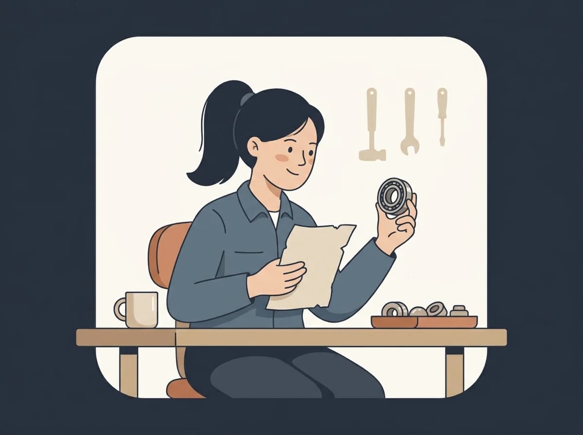 Illustration of a maintenance buyer at a workbench holding up a bearing in one hand and a worn paper parts list in the other, comparing the two